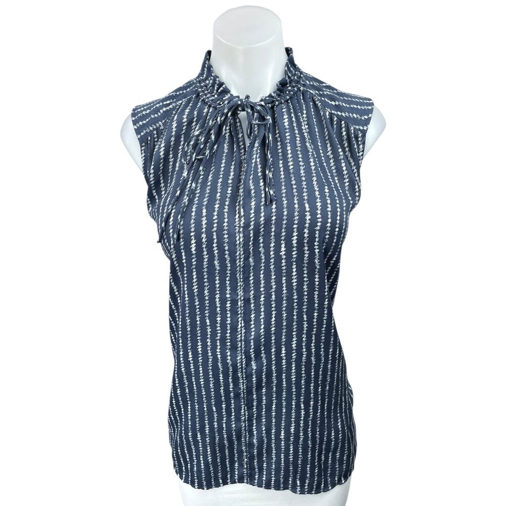Ann taylor LOFT Navy Blue White Striped Ruffle Mock Neck Sleeveless Blouse Top M